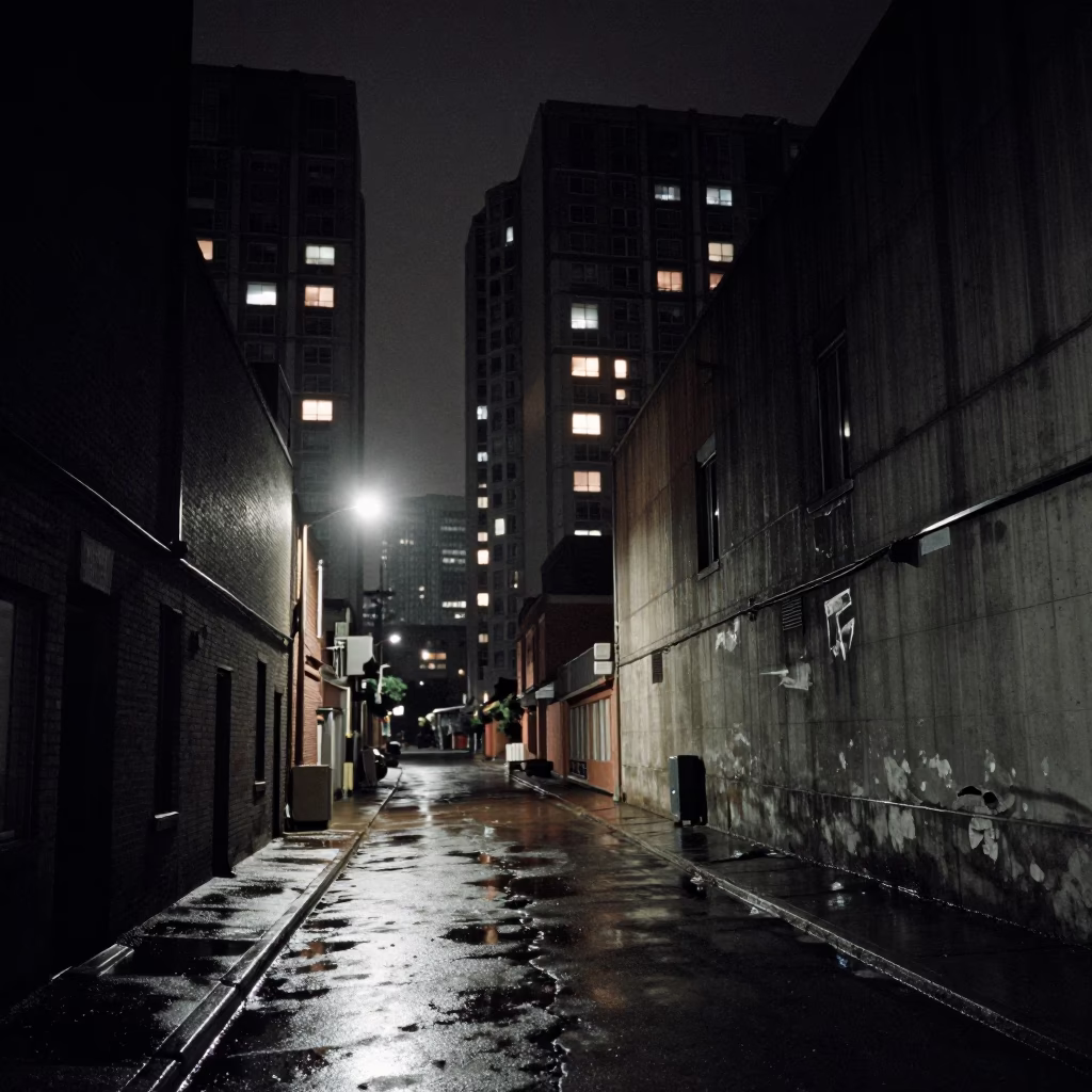 Late Night Toronto Street Scene with Bruised Concrete and Neon Reflections in in Toronto, Ontario, Canada