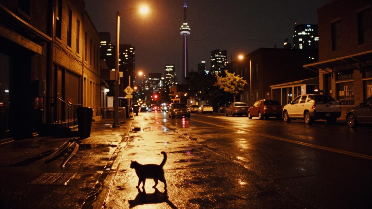 Late Night Toronto Street Scene with Cat and Step Stools in in Toronto, Ontario, Canada