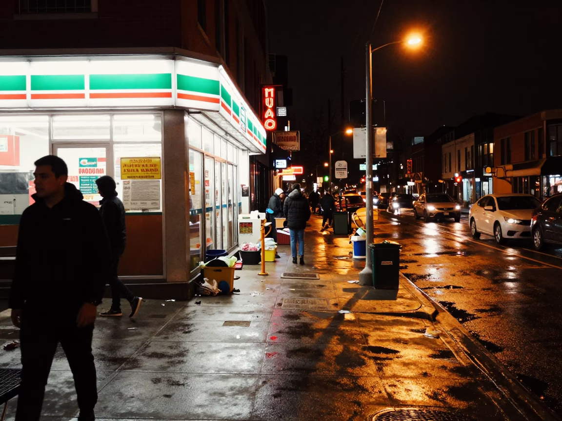 Late Night Toronto Street Scene with Cluttered Sidewalk and Urban Details in in Toronto, Ontario, Canada