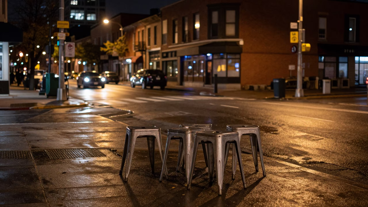 Late Night Toronto Street Scene with Metal Stools and Urban Decay in in Toronto, Ontario, Canada