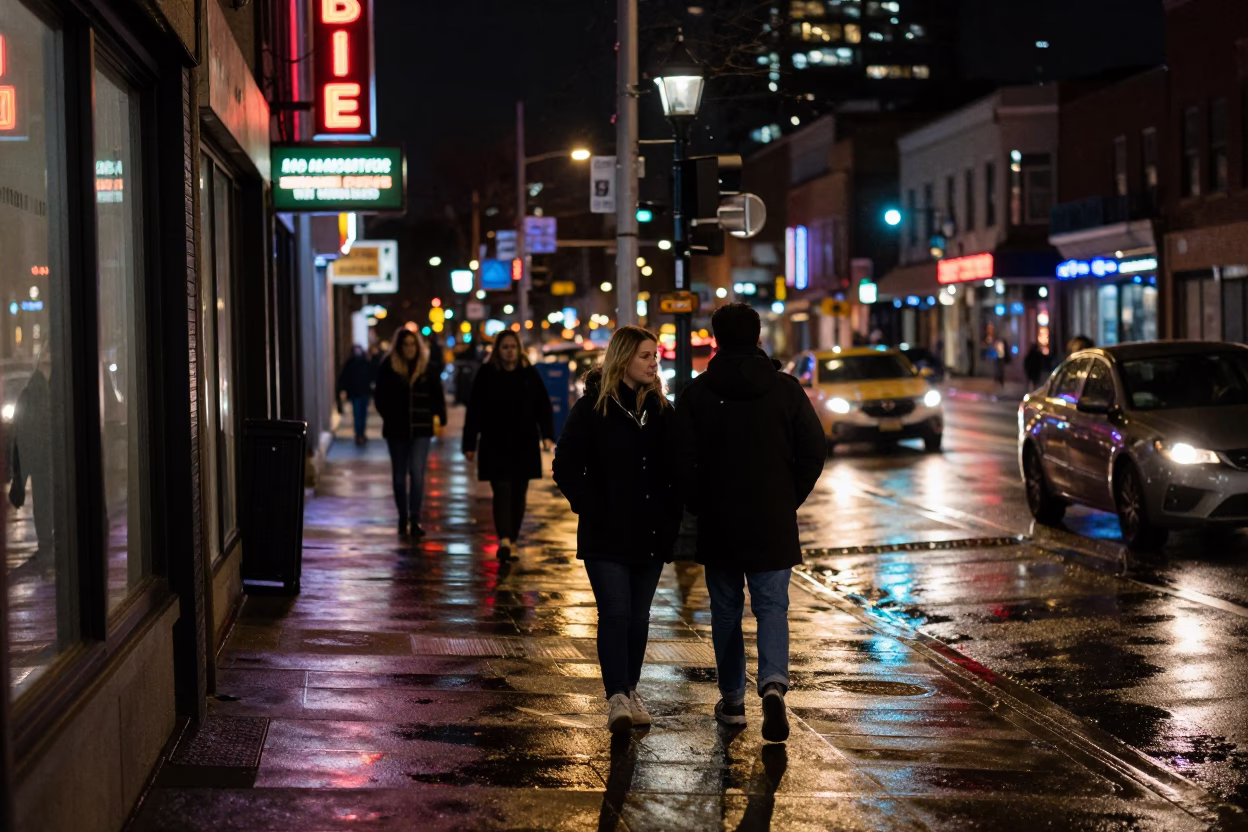 Late Night Toronto Street Scene with Neon Lights and Urban Details in in Toronto, Ontario, Canada