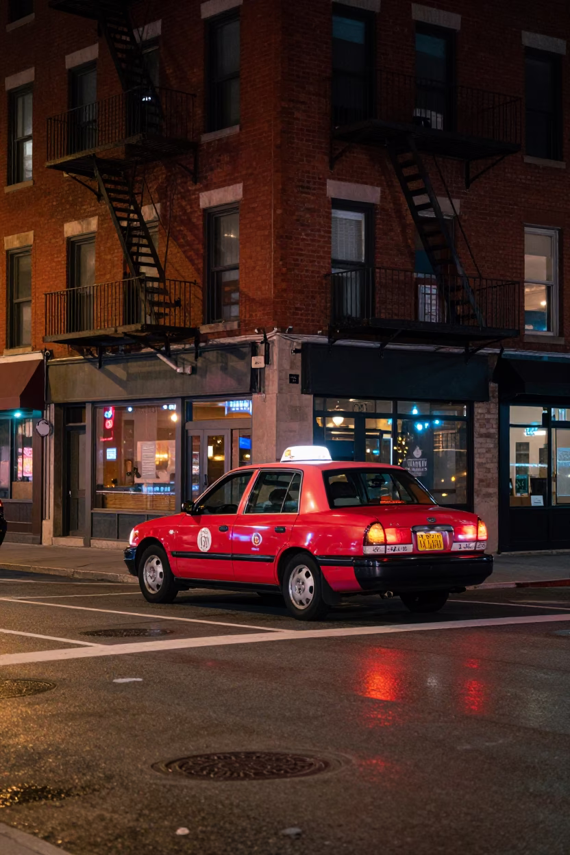 Late Night Toronto Street Scene with Neon Reflections and Urban Architecture in in Toronto, Ontario, Canada