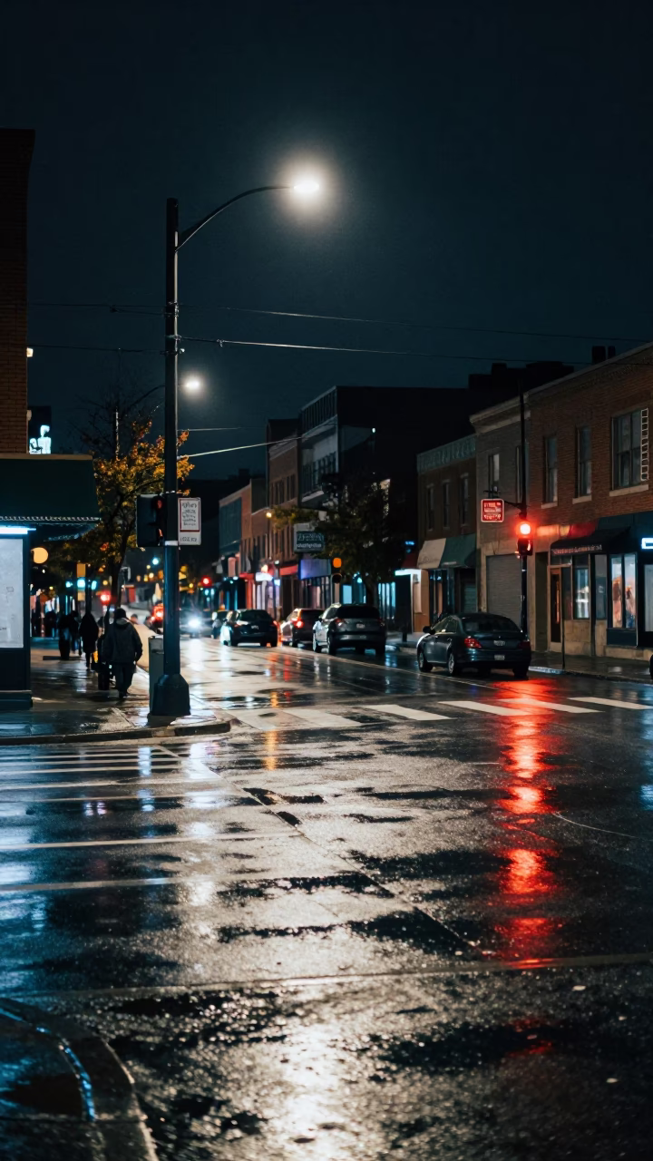 Late Night Toronto Street Scene with Neon Reflections and Urban Nightlife Atmosphere in in Toronto, Ontario, Canada