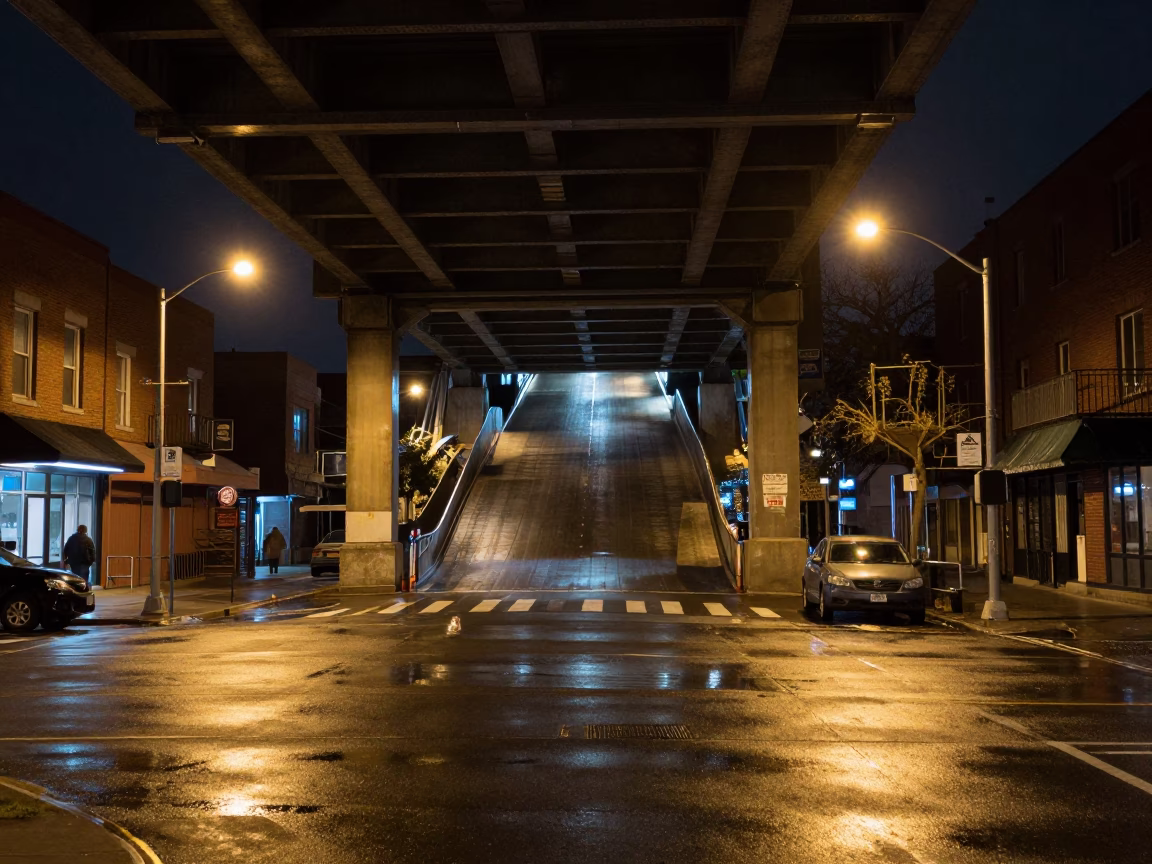 Late Night Toronto Street Scene with Overpass Ramp and Chess Clock in in Toronto, Ontario, Canada