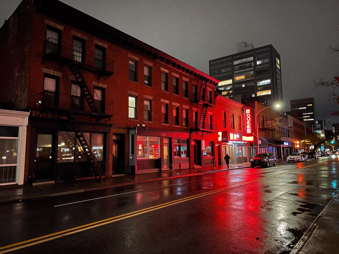 Late Night Toronto Street Scene with Red Brick Architecture and Neon Signage in in Toronto, Ontario, Canada