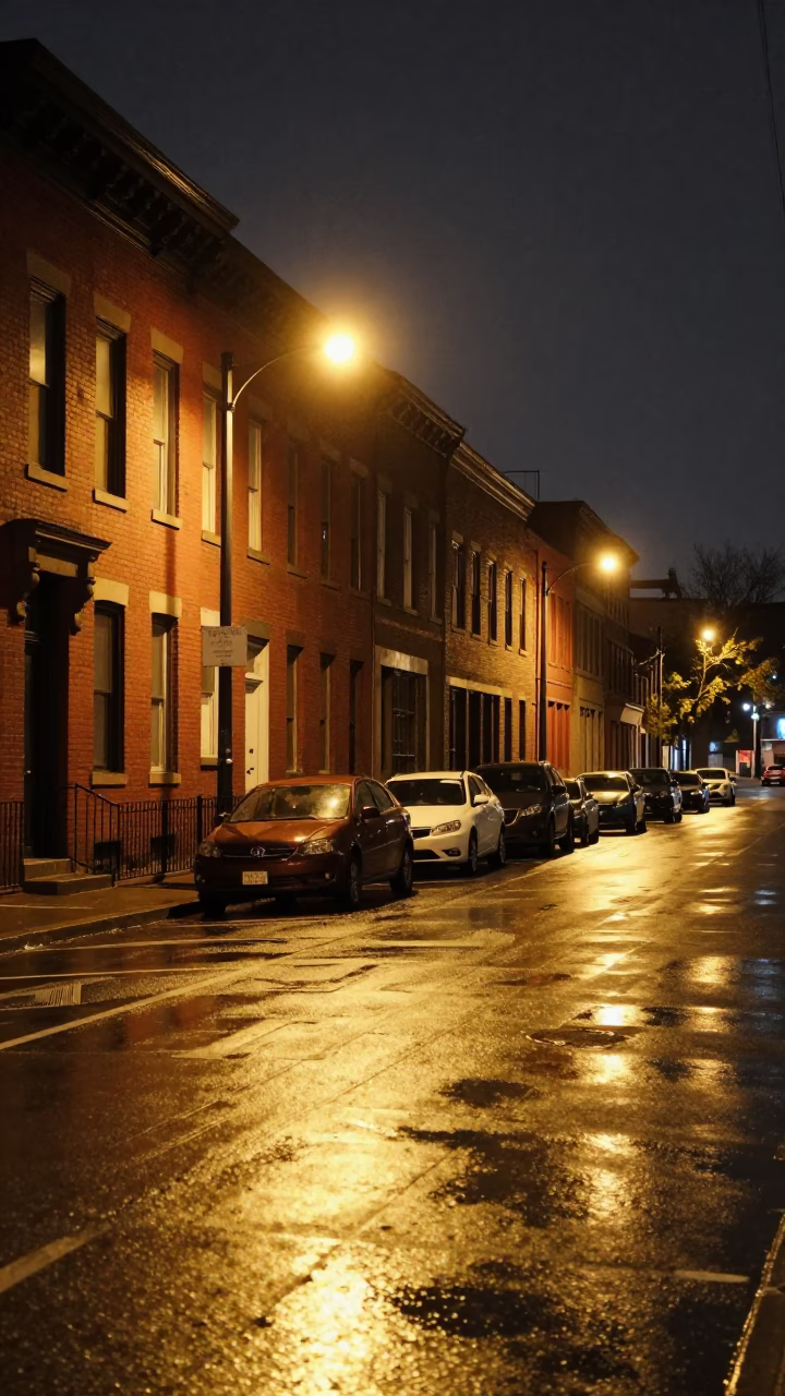 Late Night Toronto Street Scene with Red Brick Buildings and Streetlights in in Toronto, Ontario, Canada