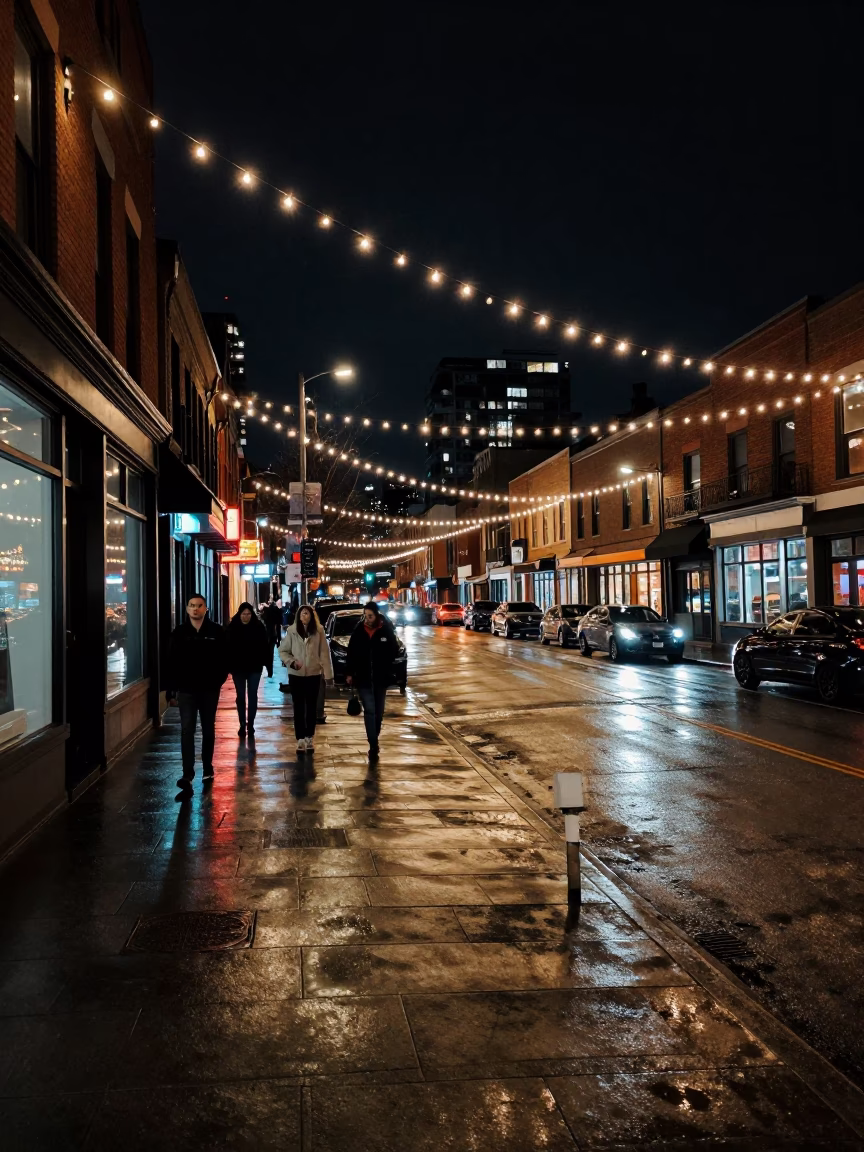 Late Night Toronto Street Scene with String Lights and Urban Atmosphere in in Toronto, Ontario, Canada