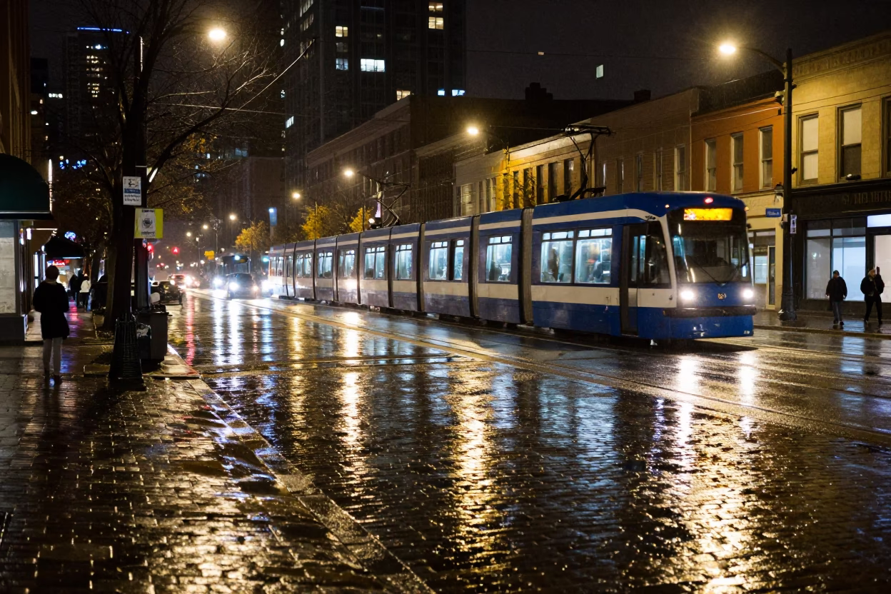 Late Night Toronto Street Scene with Tramcar Reflection in Rain on Cobblestones in in Toronto, Ontario, Canada
