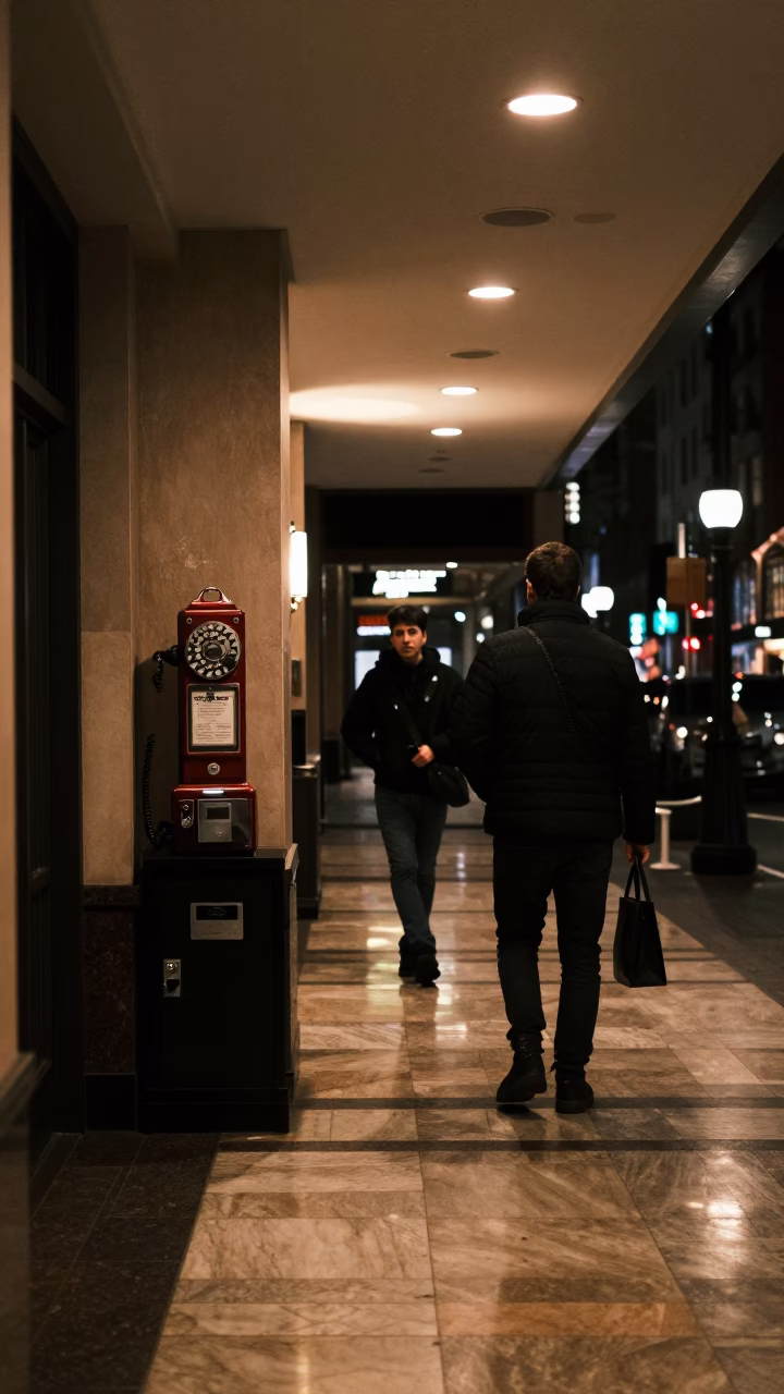 Late Night Toronto Street Scene with Vintage Bakelite Telephone on Hotel Reception Desk in in Toronto, Ontario, Canada
