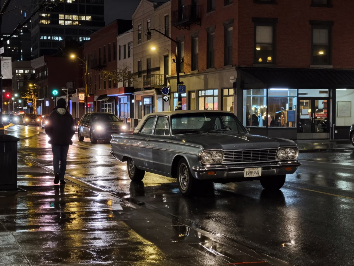 Late Night Toronto Street Scene with Vintage Car and Neon Sign Reflections in in Toronto, Ontario, Canada