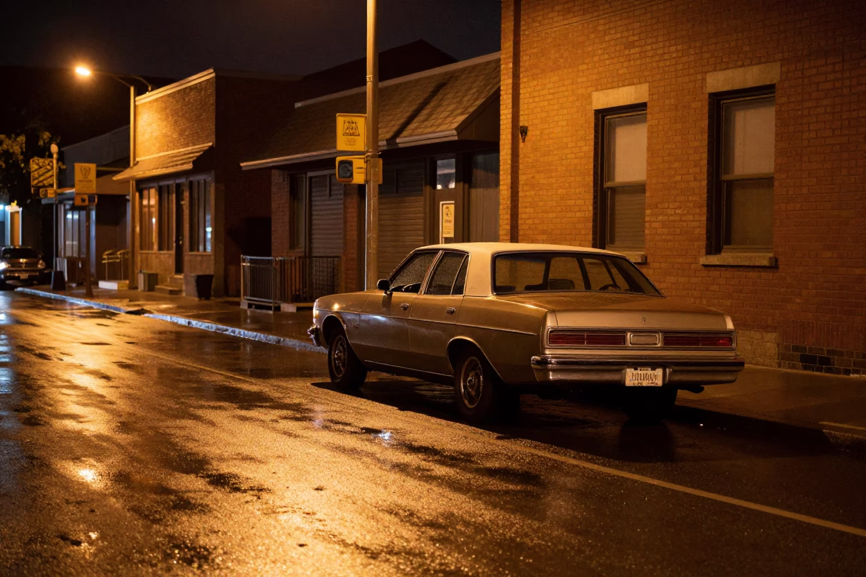 Late Night Toronto Street Scene with Vintage Sedan and Neon Reflections in in Toronto, Ontario, Canada