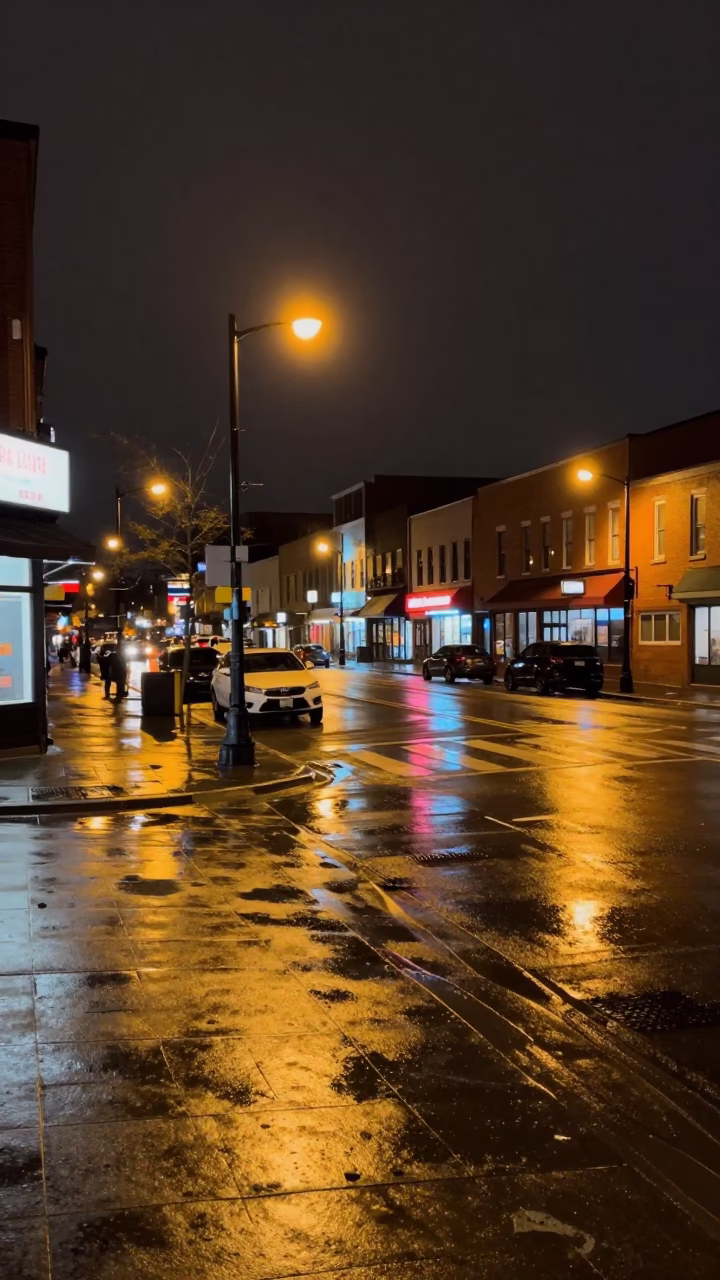 Late Night Toronto Street Scene with Wet Pavement and City Lights Reflection in in Toronto, Ontario, Canada