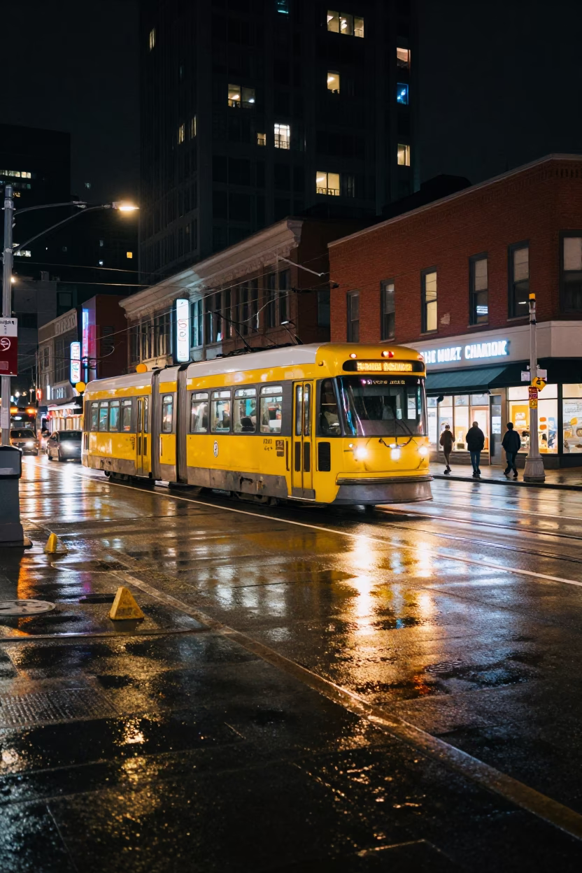 Late Night Toronto Street Scene with Yellow Streetcar and Neon Signs in in Toronto, Ontario, Canada