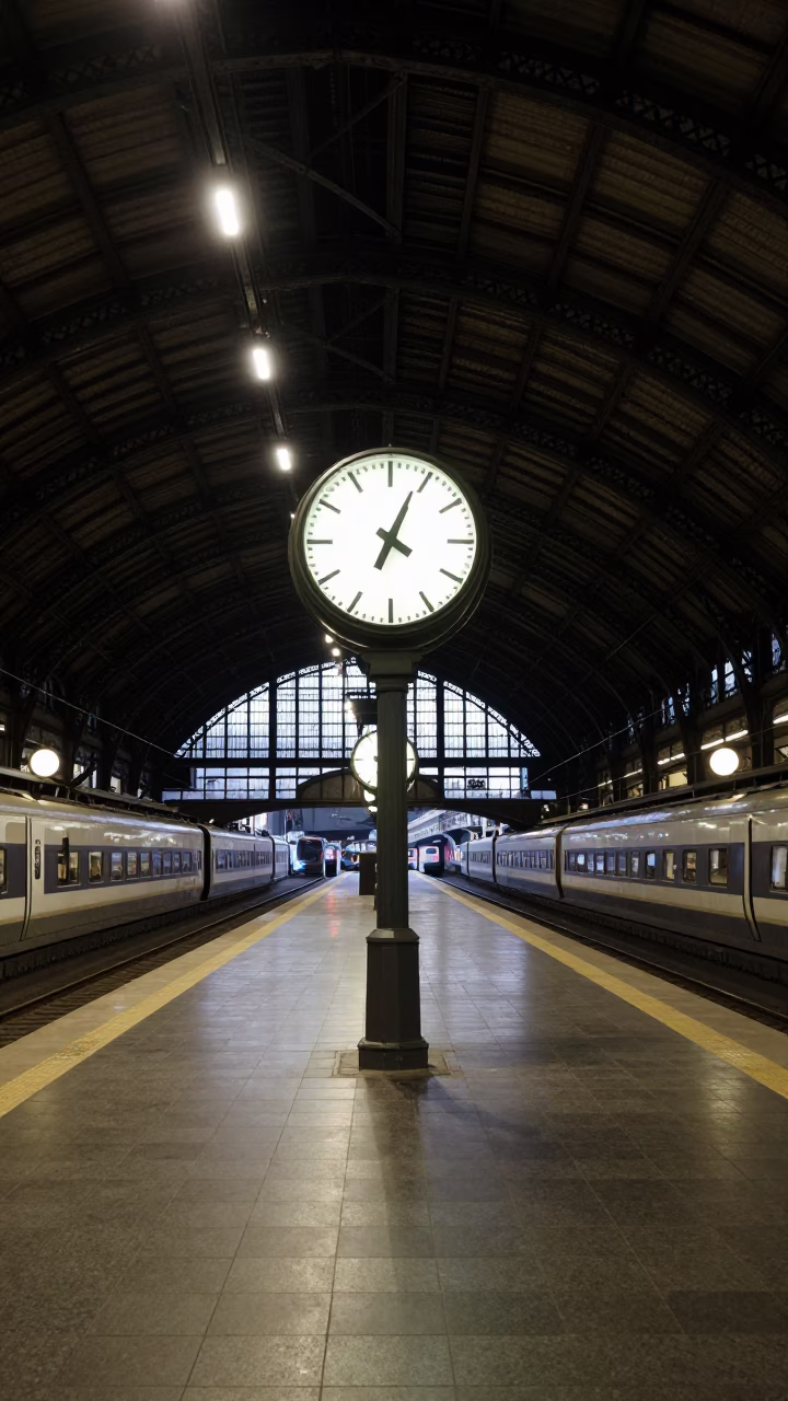 Late Night Train Station Clock Under Vaulted Iron Roof in Bilbao Spain in in Bilbao, Spain