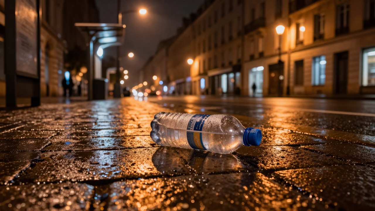 Late Night Tram Stop in Lyon France with Condensation and Urban Reflections in in Lyon, France