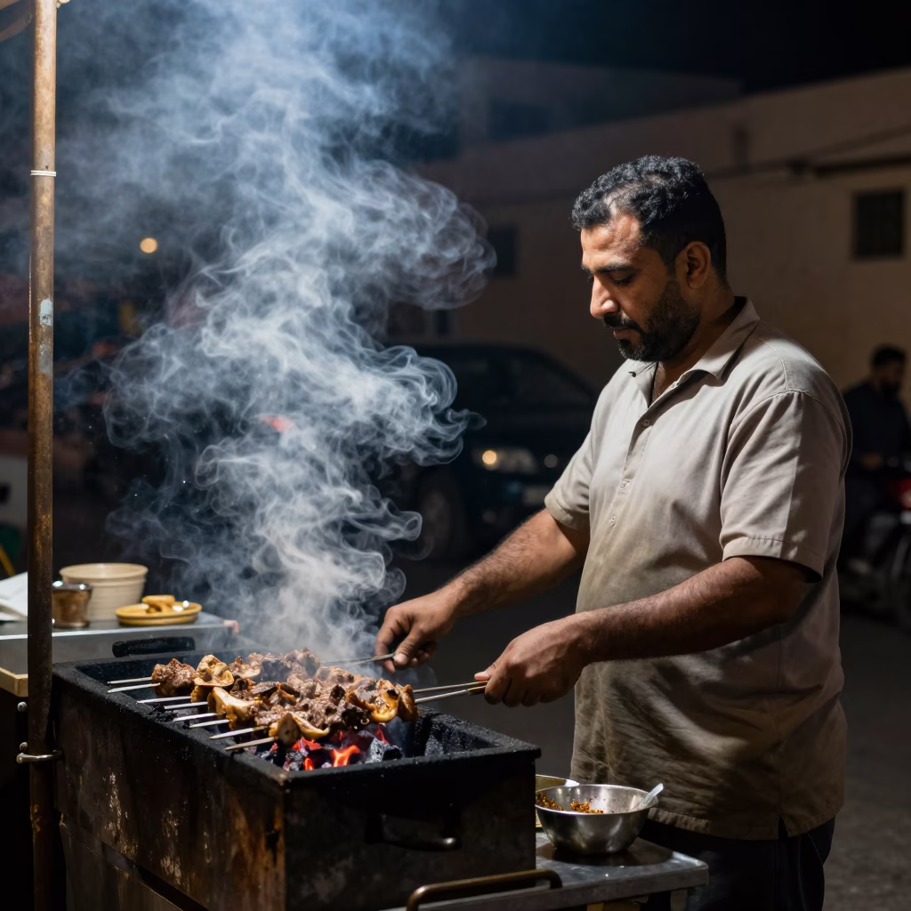 Late Night Tunis Street Kebab Grill with Smoke and Warm Glow in in Tunis, Tunisia