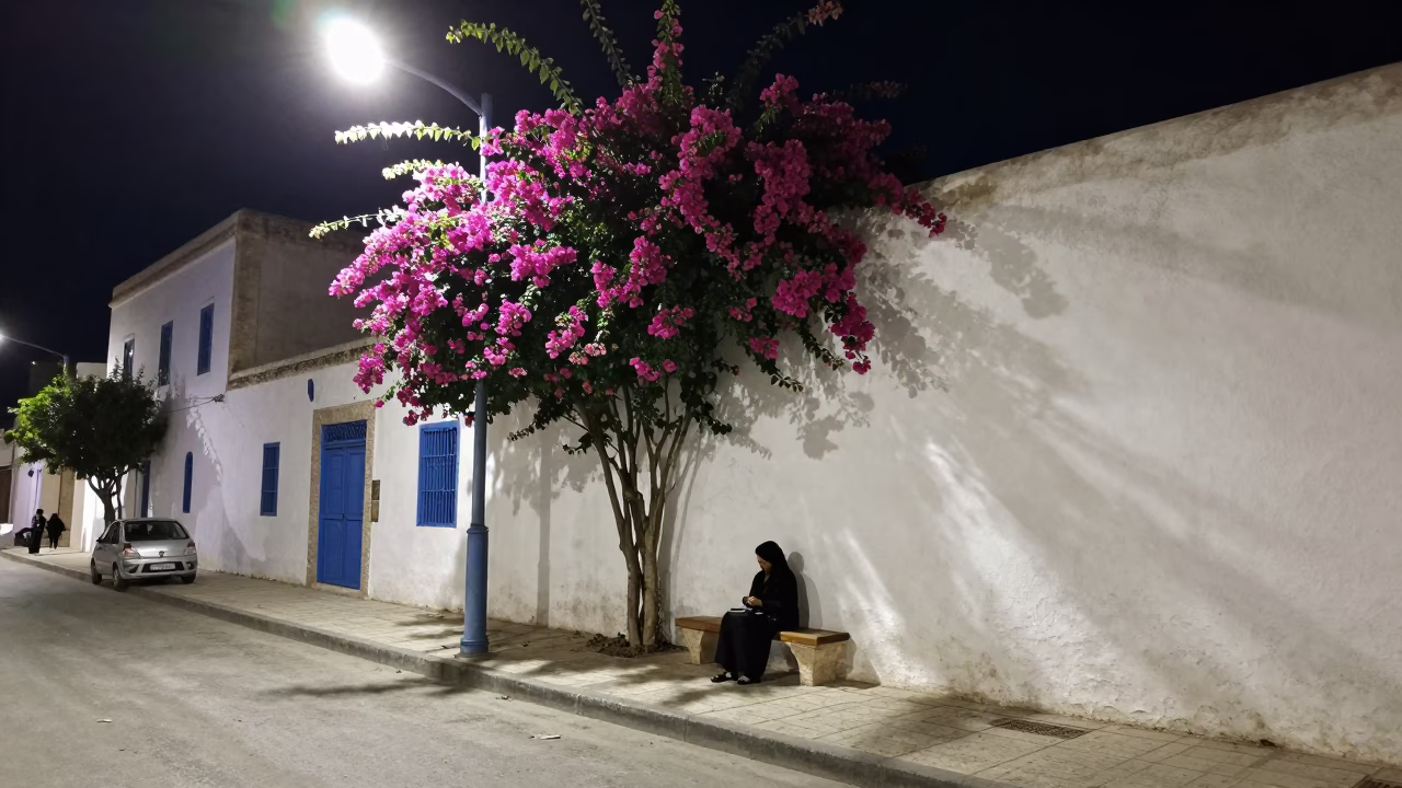 Late Night Tunis Street Scene with Bougainvillea Cascade and Hand Mirror Reflection in in Tunis, Tunisia