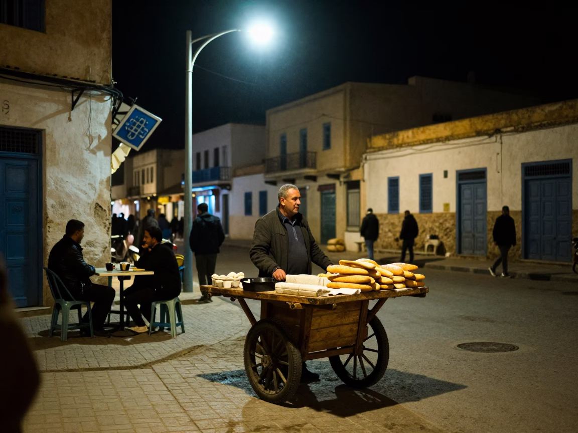 Late Night Tunis Street Scene with Bread Loaves and Urban Decay Details in in Tunis, Tunisia
