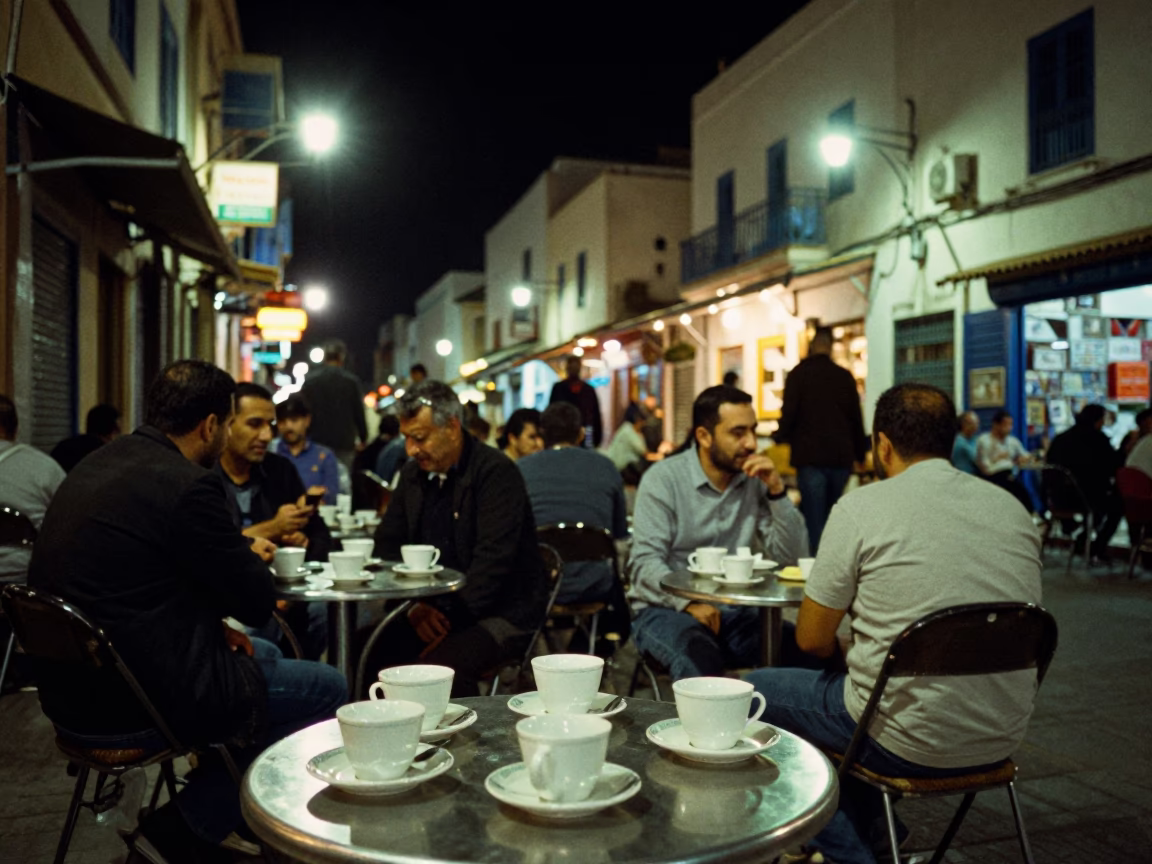 Late Night Tunis Street Scene with Ceramic Cups and Peg Rail Lighting in in Tunis, Tunisia