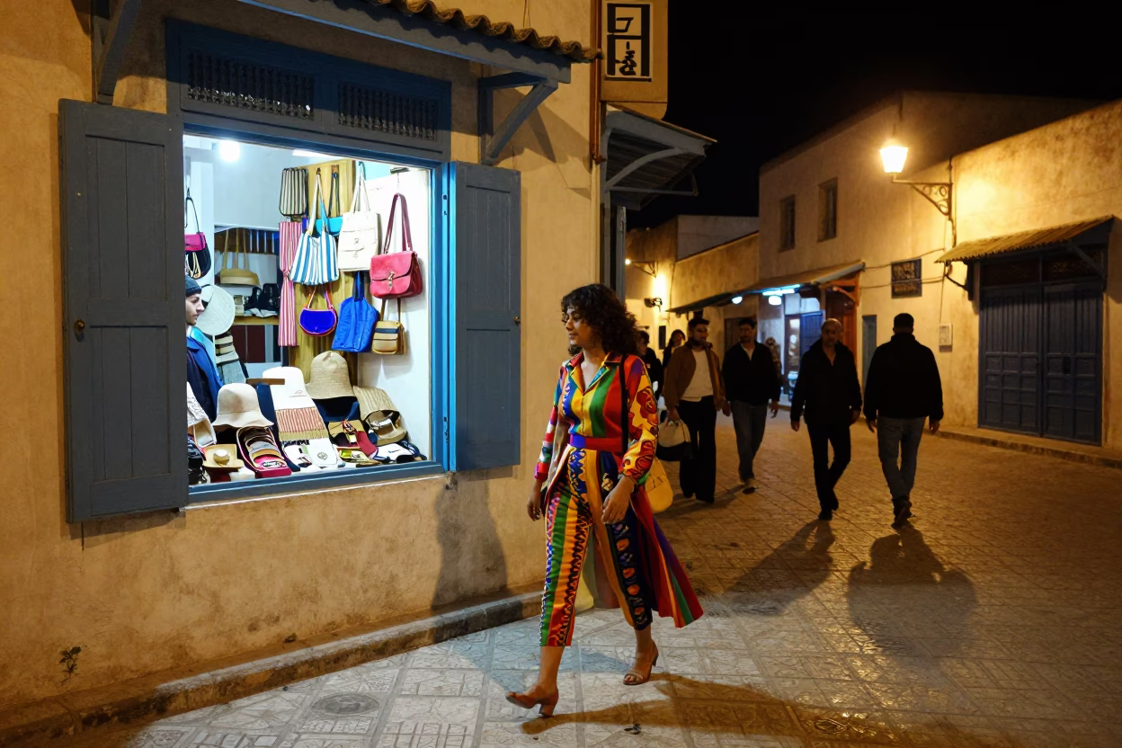 Late Night Tunis Street Scene with Colorful Fashion and Local Elements in in Tunis, Tunisia