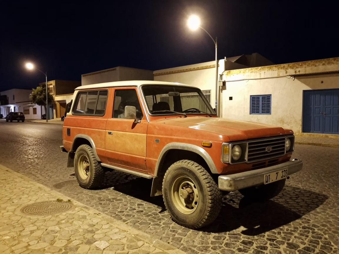 Late Night Tunis Street Scene with Colorful Vintage SUV and Local Nightlife in in Tunis, Tunisia