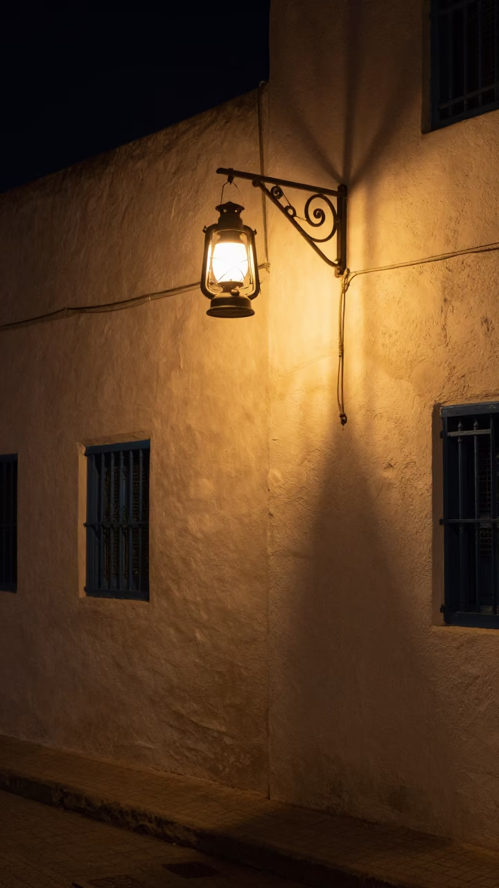 Late Night Tunis Street Scene with Oil Lamp and Door Latch Detail in in Tunis, Tunisia