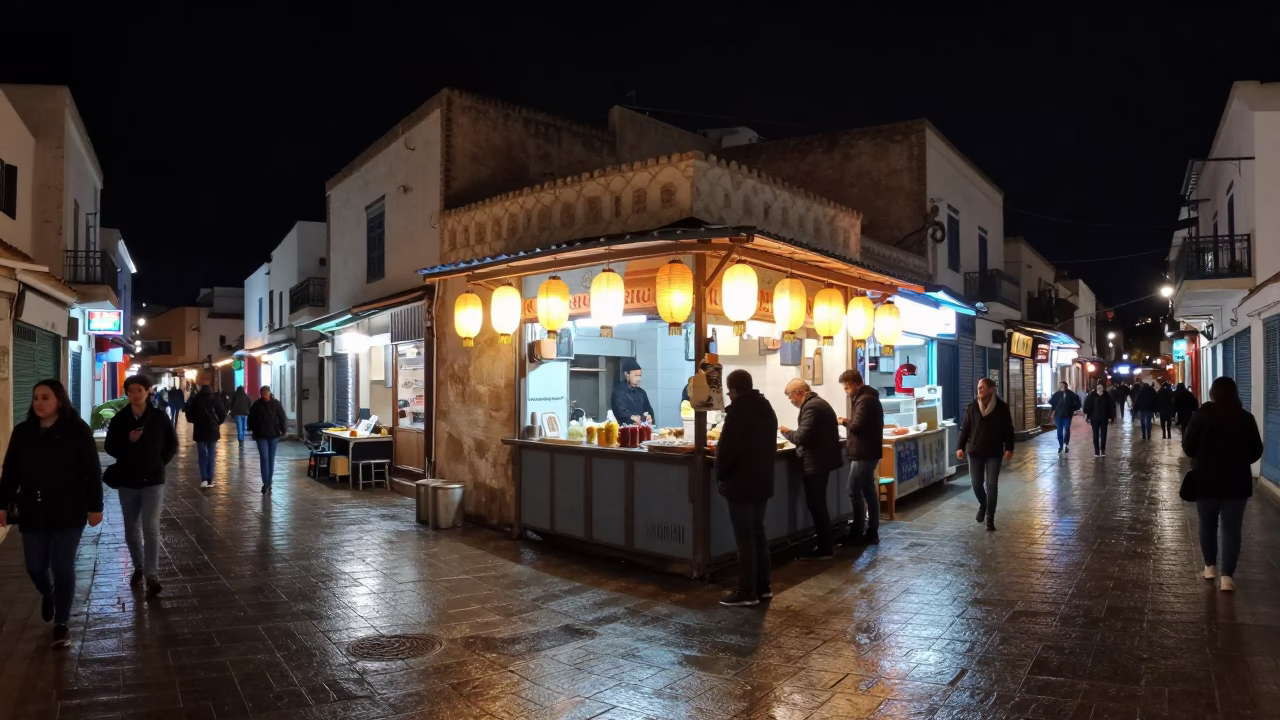 Late Night Tunis Street Scene with Paper Lanterns and Rain Wet Pavement in in Tunis, Tunisia