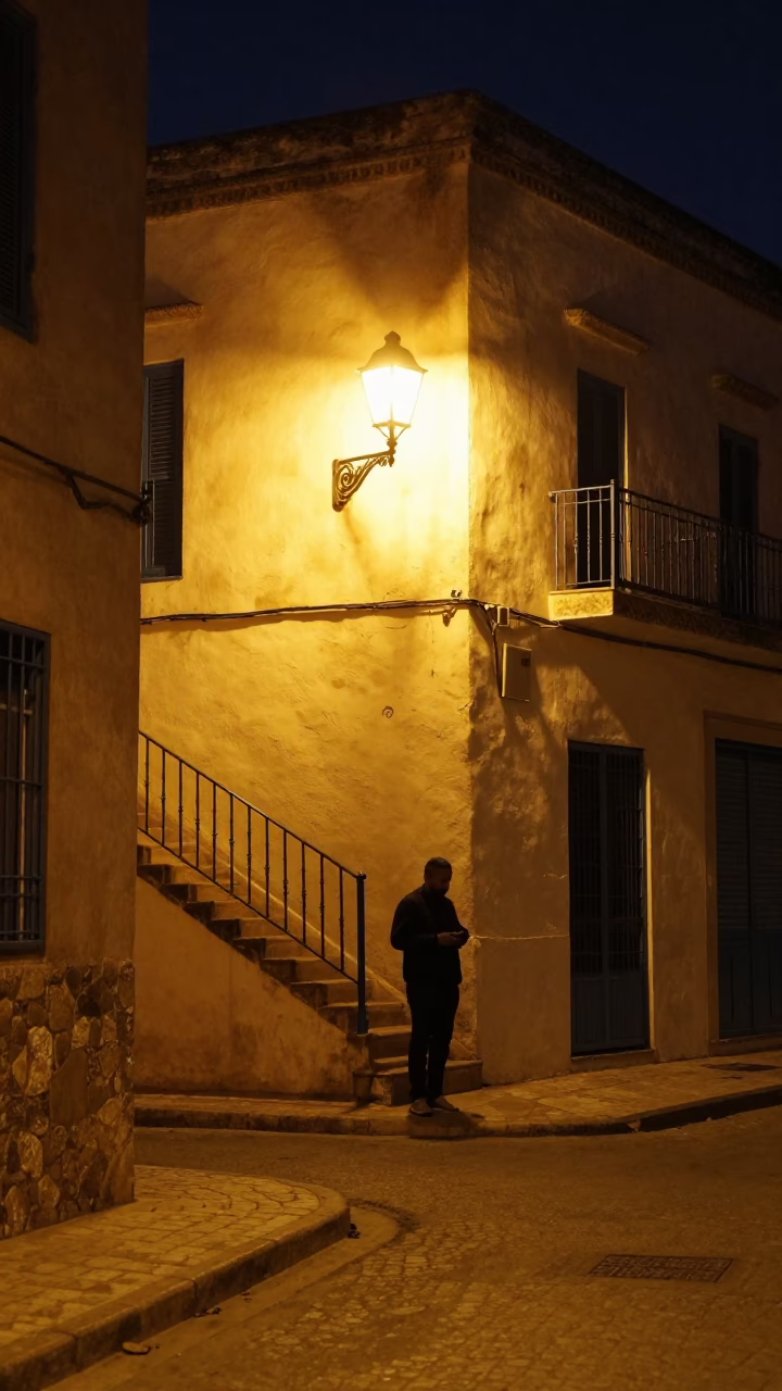 Late Night Tunis Street Scene with Stair Rail and Prayer Beads in in Tunis, Tunisia