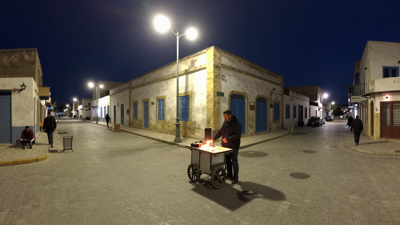 Late Night Tunis Street Scene with Taper Candle and Bustling Nightlife in Tunisia in in Tunis, Tunisia