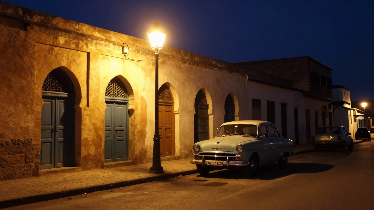 Late Night Tunis Street Scene with Vintage Car and Traditional Architecture in in Tunis, Tunisia