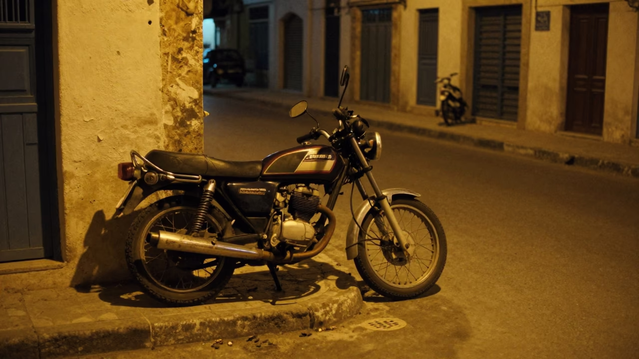 Late Night Tunis Street Scene with Vintage Motorcycle and Local Vendor in in Tunis, Tunisia