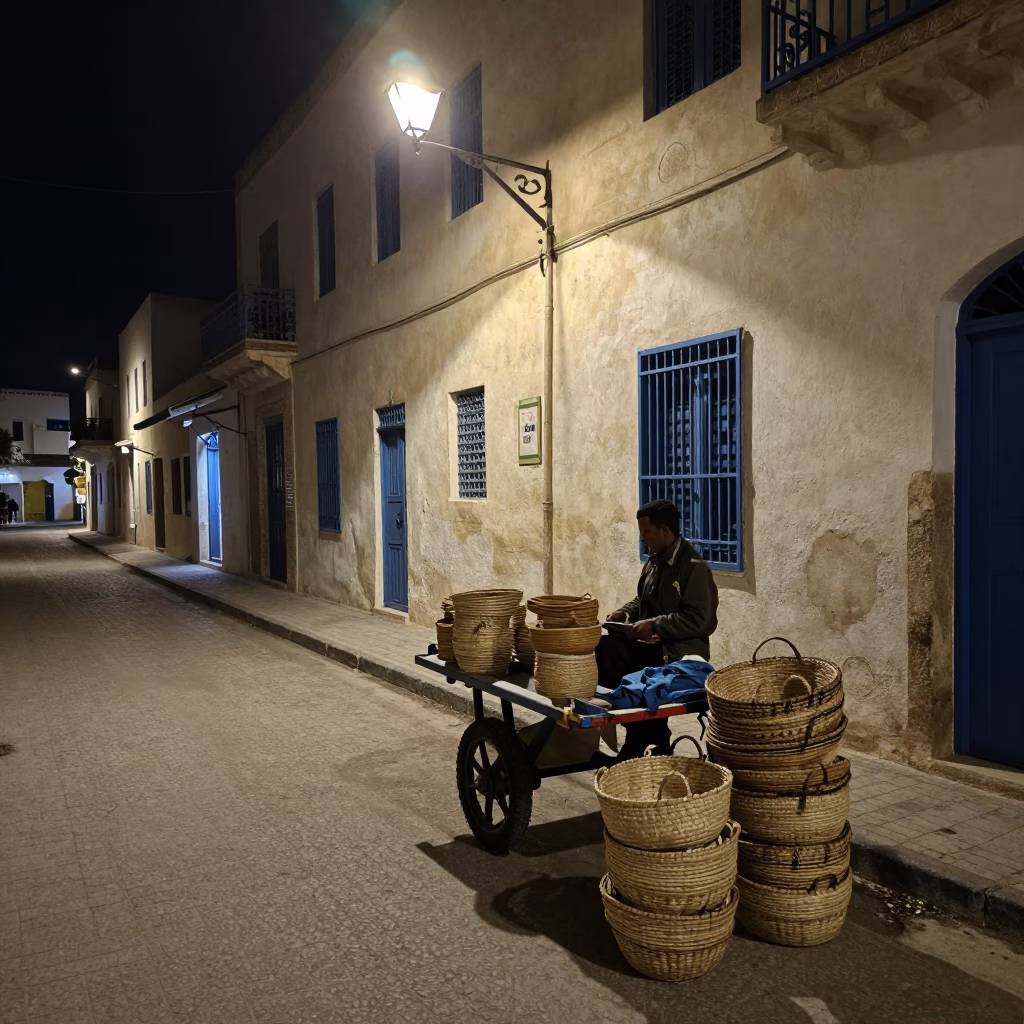 Late Night Tunis Street Scene with Woven Baskets and Vintage Majolica Plate in in Tunis, Tunisia
