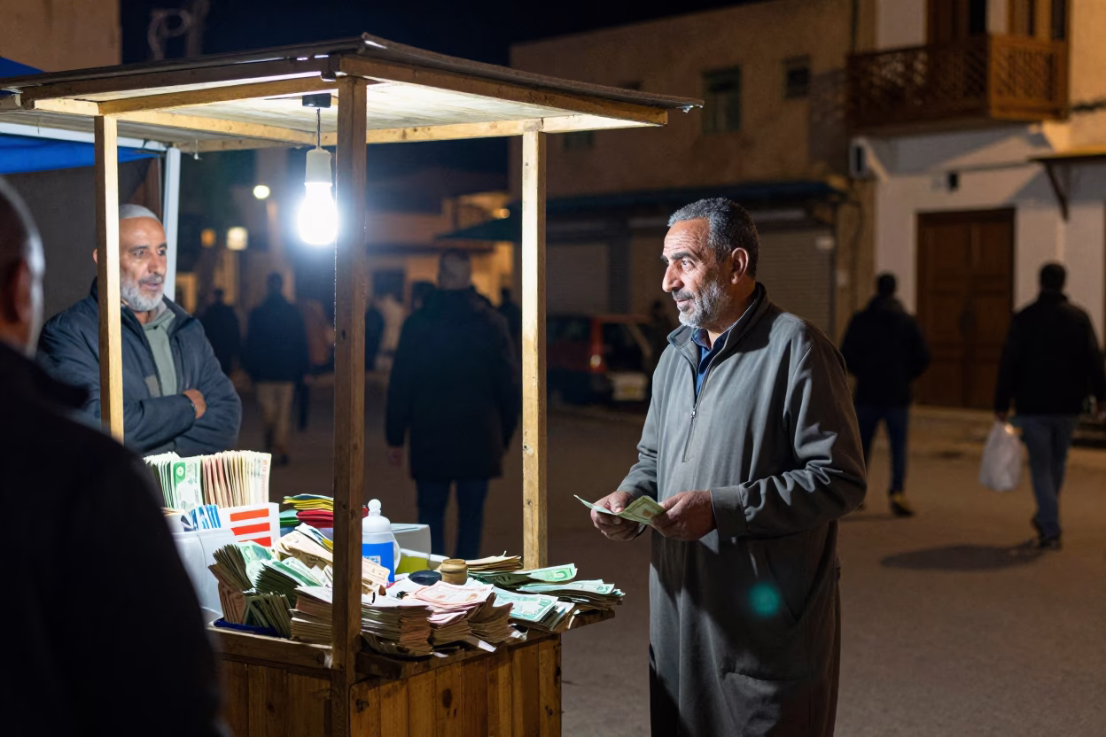 Late Night Tunisian Street Scene with Vendor Cash Box and Neon Lights in in Tunis, Tunisia