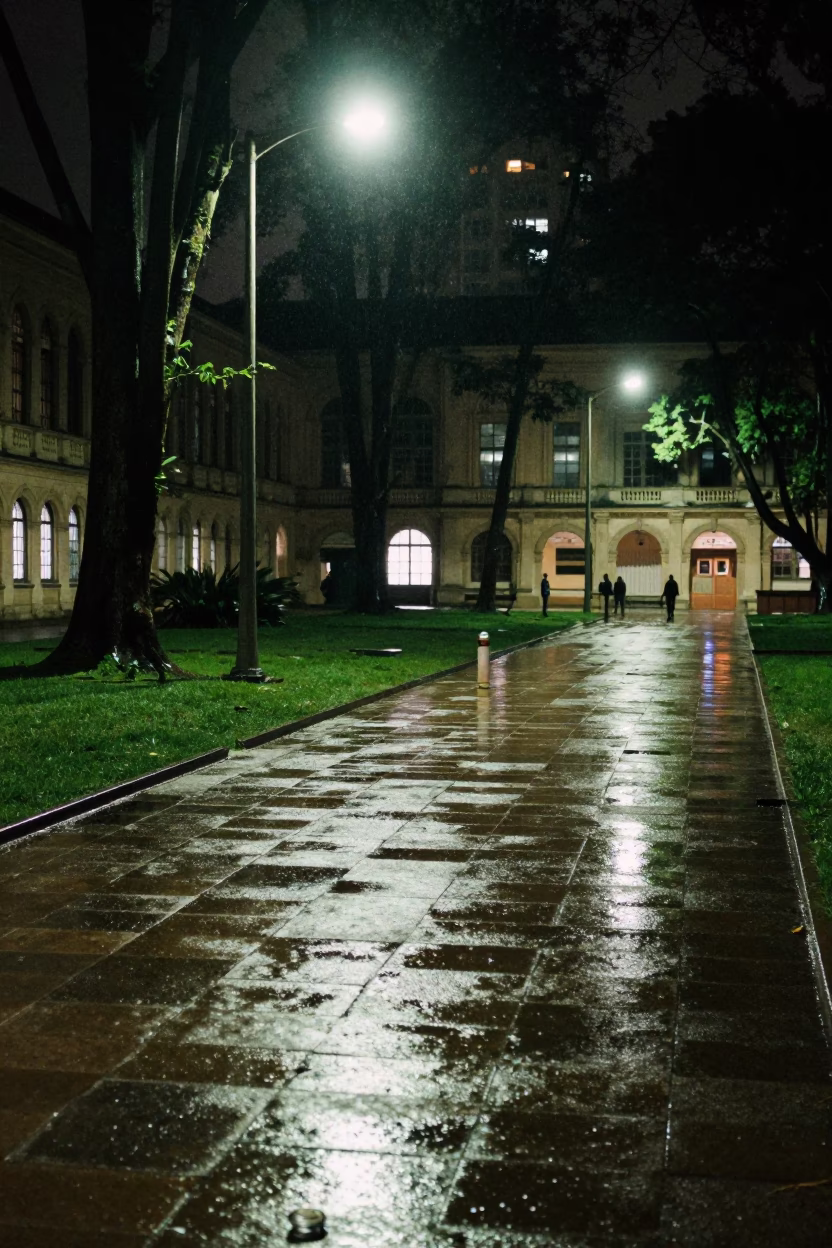 Late Night University Cloister in São Paulo Wet Flagstones and Thermos Amidst Rain in in São Paulo, Brazil