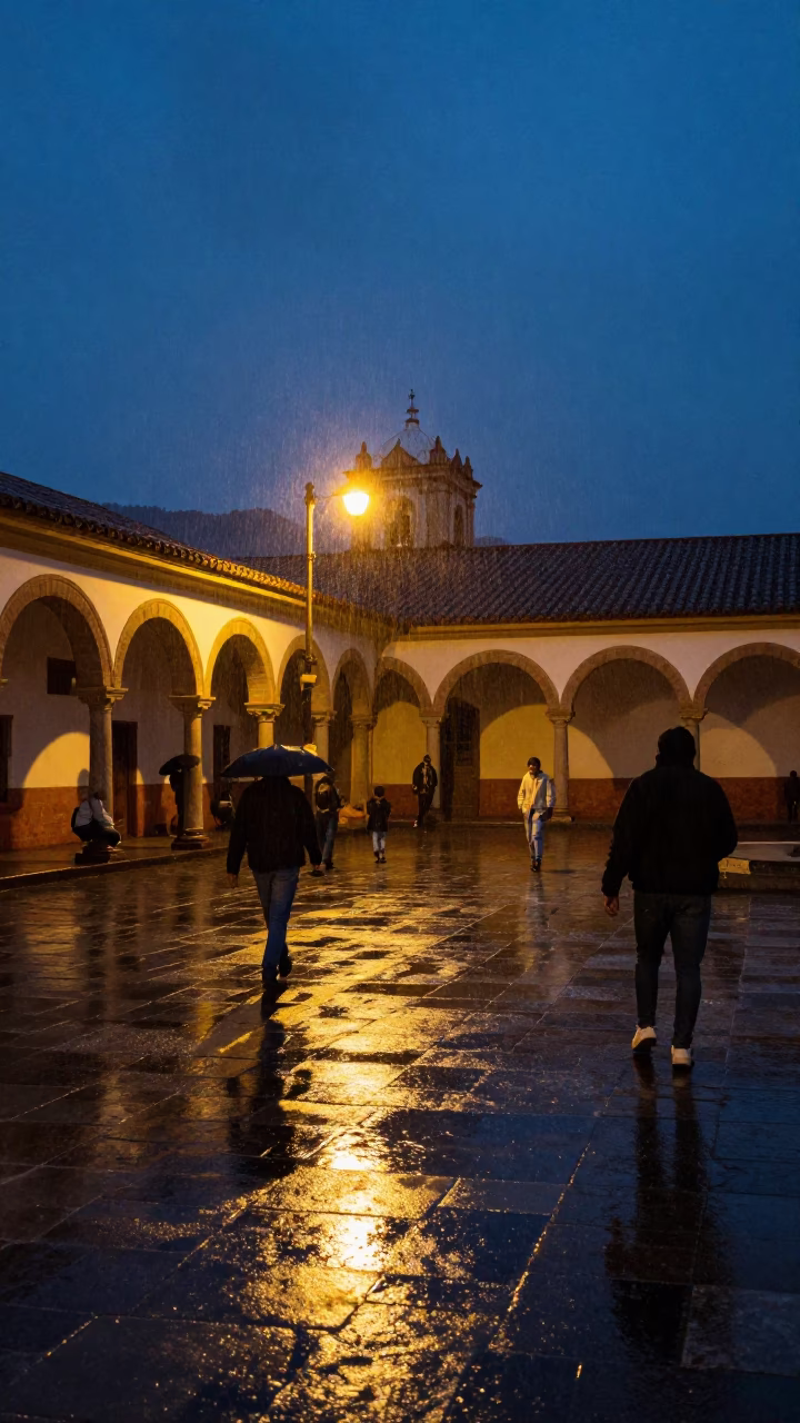 Late Night University Cloister Wet Flagstones La Paz Bolivia Midnight Rain Scene in in La Paz, Bolivia