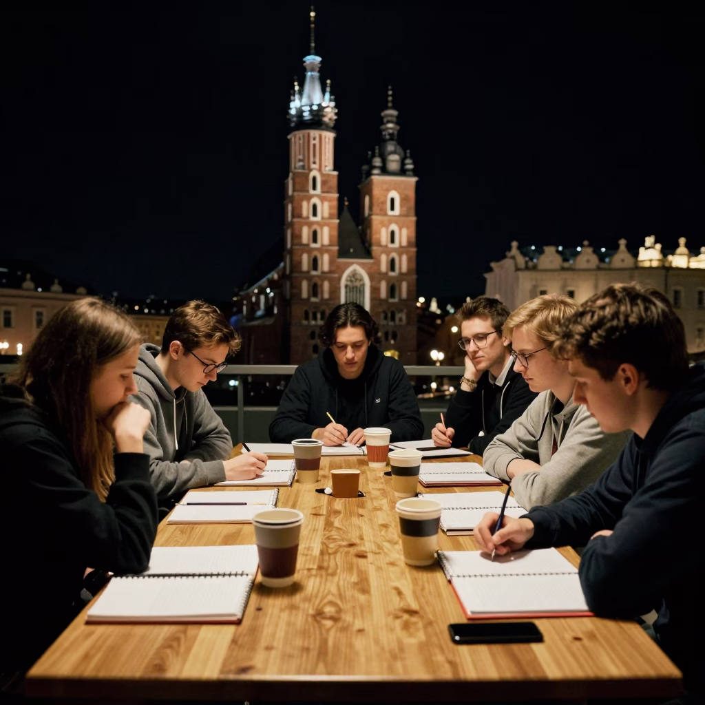 Late Night University Study Session in Krakow Poland with Notebooks and Matcha Latte in in Krakow, Poland