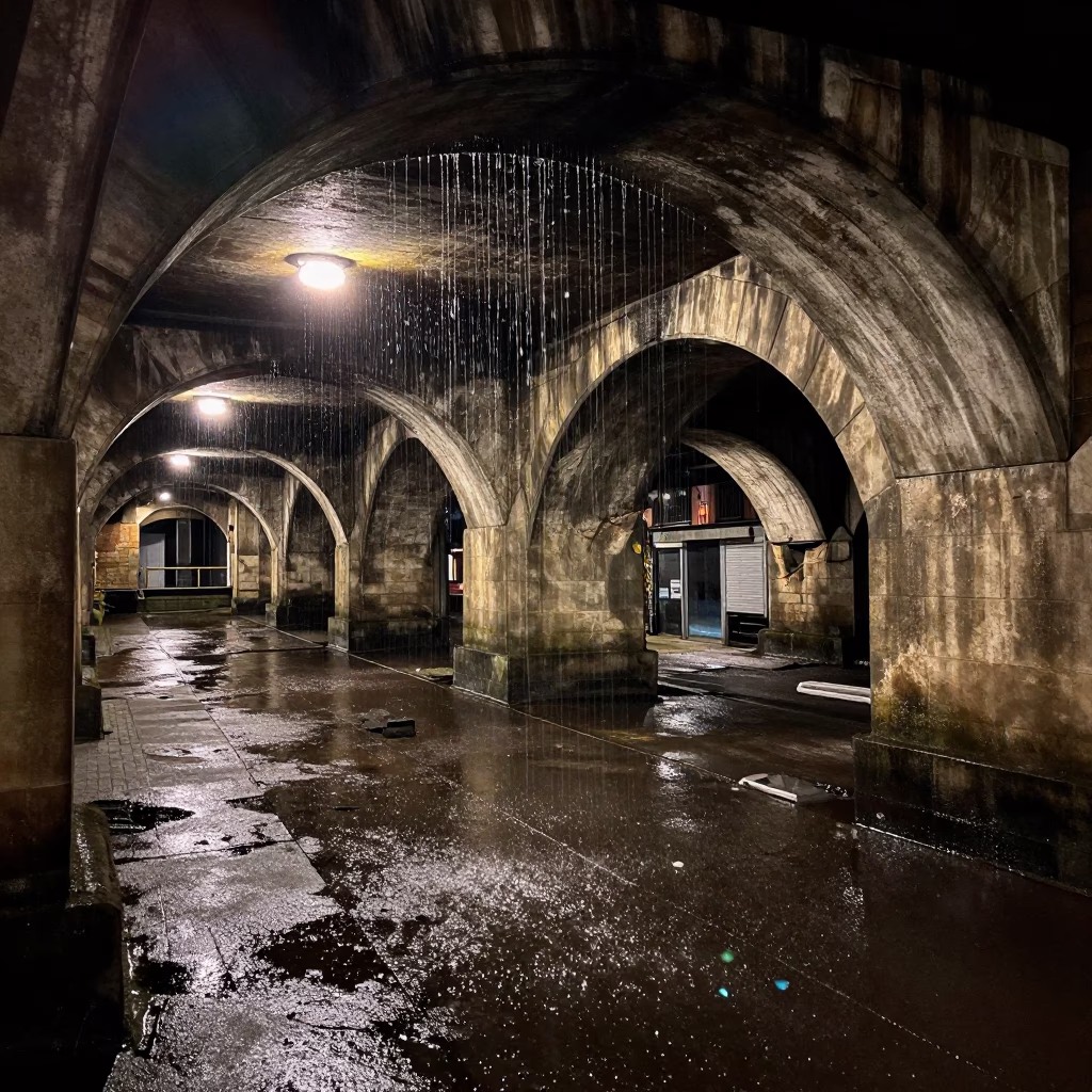 Late Night Urban Decay in Bristol Undercroft with Dripping Water and Ferns in in Bristol, United Kingdom