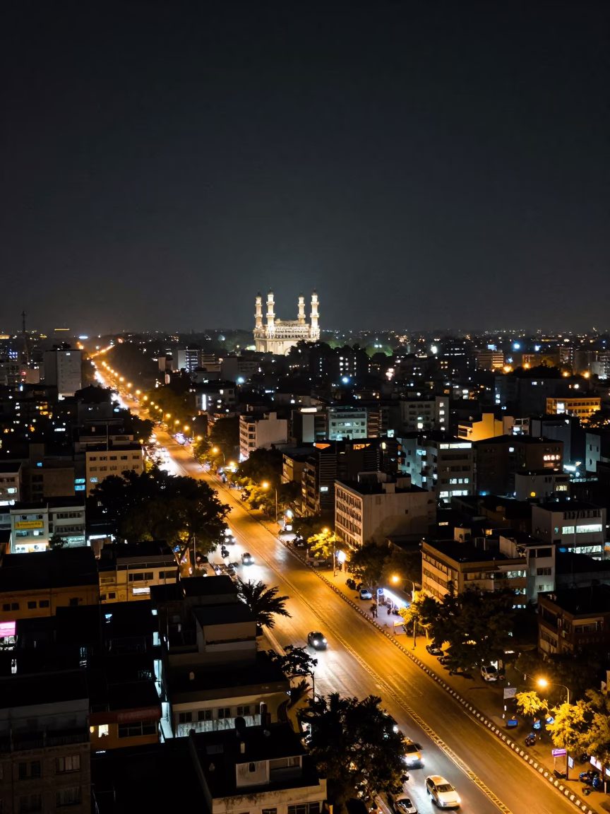 Late Night Urban Landscape of Hyderabad India with Streetlights and Traffic in in Hyderabad, India