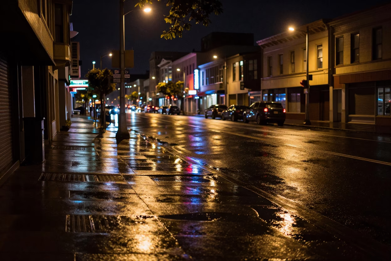 Late Night Urban Landscape of San Francisco California with Leaf Shadows on Drain in in San Francisco, California, United States
