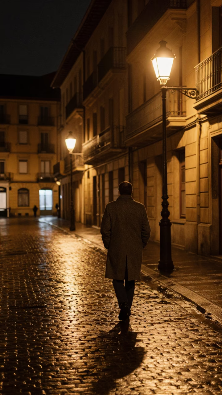 Late Night Urban Street Scene in Bilbao Spain with Vintage 1960s Atmosphere in in Bilbao, Spain