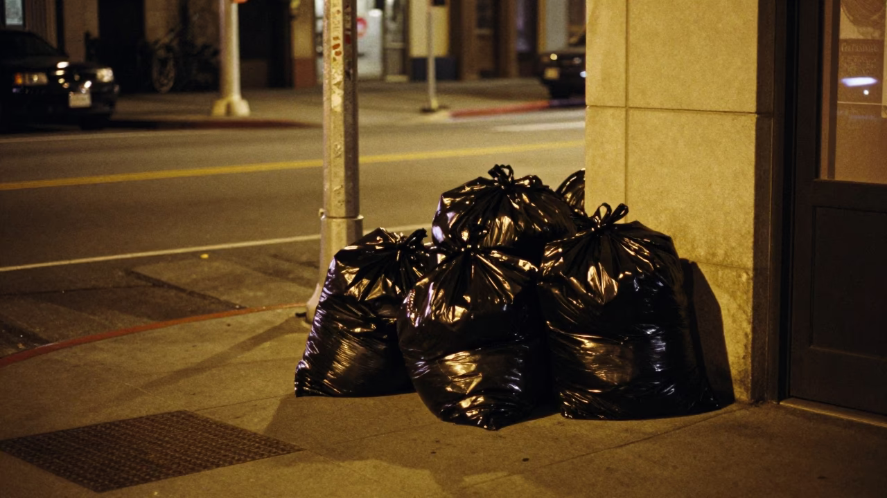 Late Night Urban Street Scene in San Francisco with Trash Bags and Streetlights in in San Francisco, California, United States