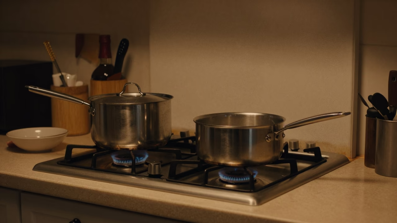 Late Night Valencia Kitchen Scene with Saucepan and Small Dog in in Valencia, Spain