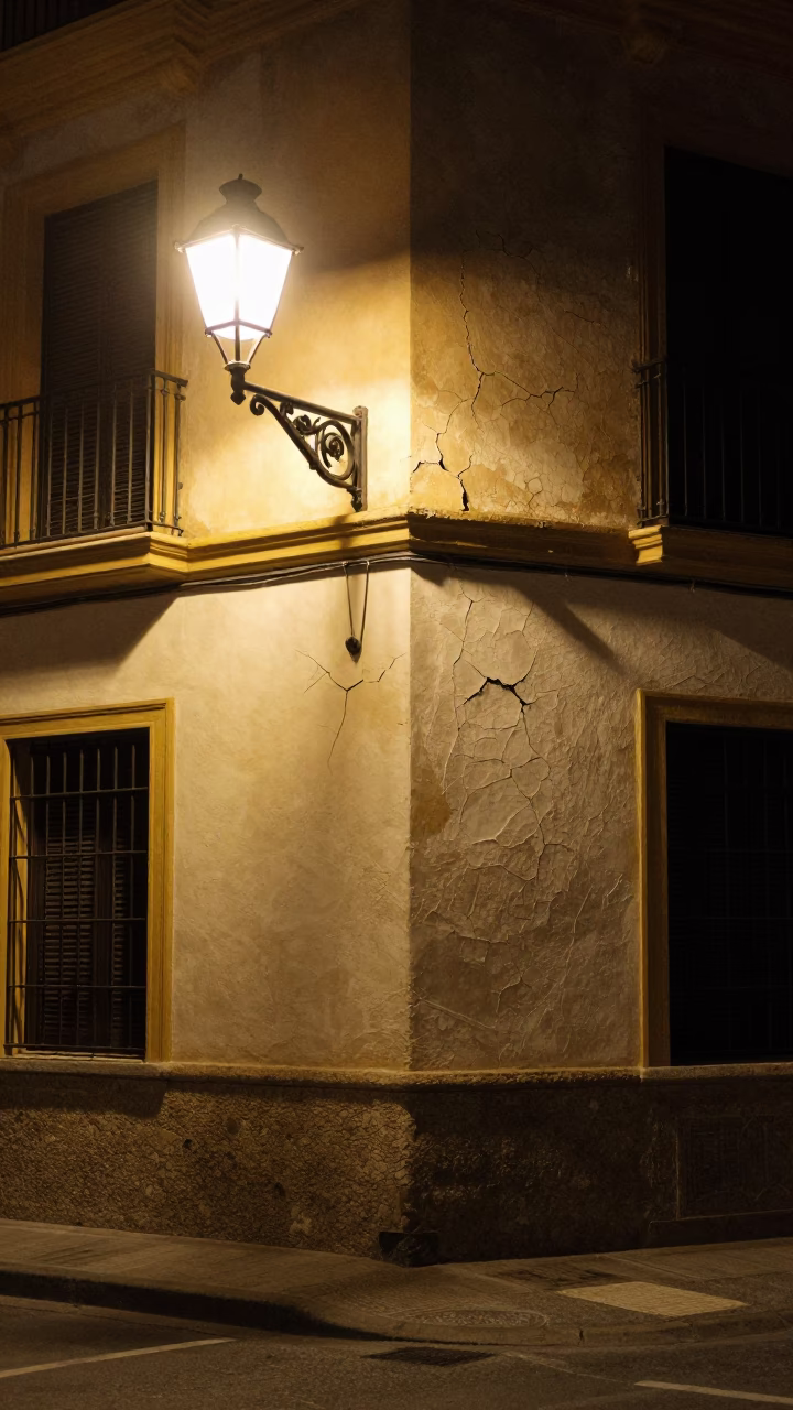 Late Night Valencia Spain Street Scene with Cracked Stucco and Metal Bucket in in Valencia, Spain