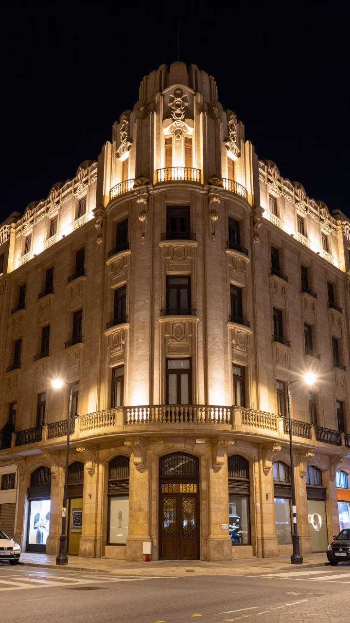 Late Night Valencia Street Scene with Art Deco Facade and Urban Details in in Valencia, Spain