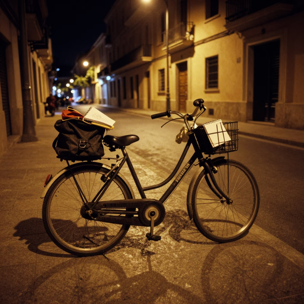 Late Night Valencia Street Scene with Bicycle and Urban Details in in Valencia, Spain