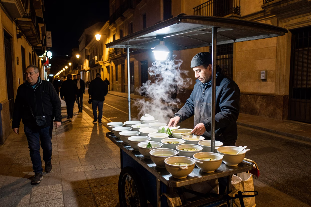 Late Night Valencia Street Scene with Ceramic Soup Bowls and Sink Detail in in Valencia, Spain