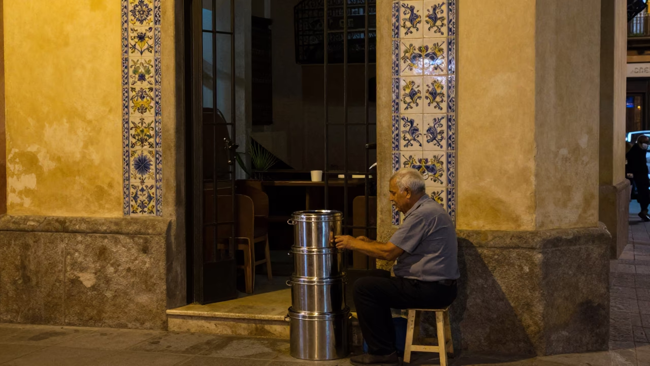 Late Night Valencia Street Scene with Ceramic Tiles and Tiffin Tin in in Valencia, Spain