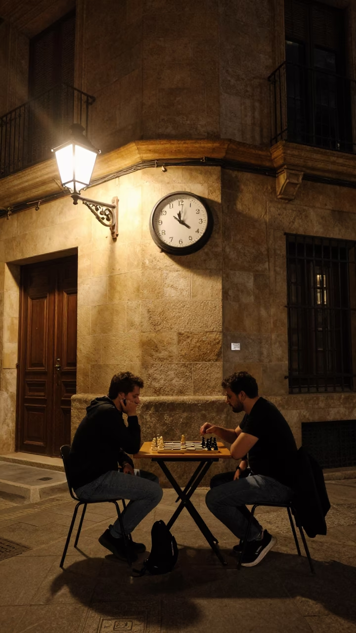Late Night Valencia Street Scene with Chess Clock on Wooden Table in in Valencia, Spain