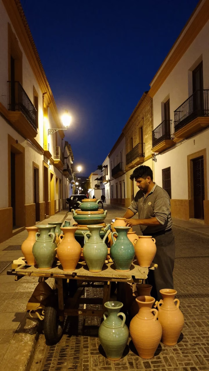 Late Night Valencia Street Scene with Clay Pots and Stone Walls in in Valencia, Spain