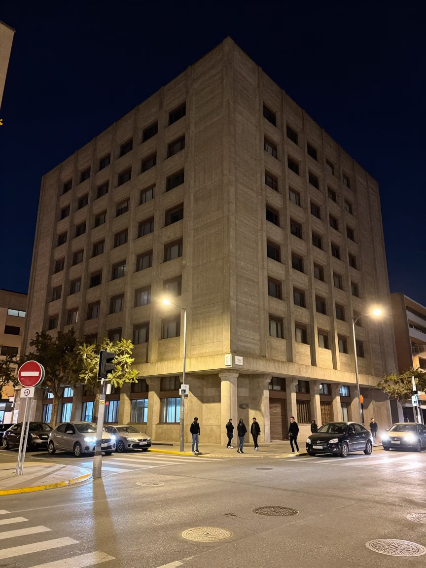 Late Night Valencia Street Scene with Concrete Brutalist Architecture and Urban Rust Details in in Valencia, Spain